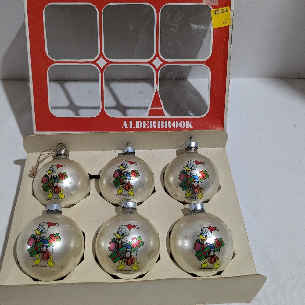 6 Vtg 1970's Donald Duck Glass Ball Christmas Tree Ornaments In Box Alderbrook